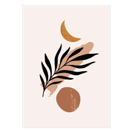 Plakat Boho kompozycja geometryczna. Abstrakcyjne fazy księżyca z liściem egzotycznej rośliny