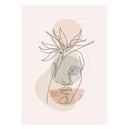 Plakat Kwiat i kobieca twarz. Rysunek jedną linią na tle kompozycji z abstrakcyjnych pastelowych figur geometrycznych w stylu boho