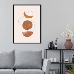 Plakat w ramie Księżycowa abstrakcja z ciemnym rysunkiem linią. Kompozycja geometryczna w ciepłych barwach na kremowym tle