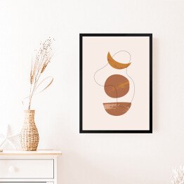 Obraz w ramie Księżycowa abstrakcja z ciemnym rysunkiem linią. Kompozycja geometryczna w ciepłych barwach na kremowym tle