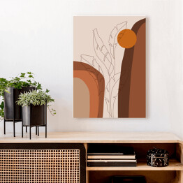 Obraz na płótnie Abstrakcyjny tropikalny krajobraz i rysowane jedną linią liście bananowca. Kompozycja geometryczna w odcieniach brązu i beżu