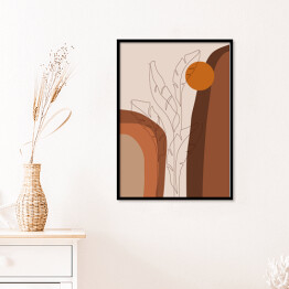 Plakat w ramie Abstrakcyjny tropikalny krajobraz i rysowane jedną linią liście bananowca. Kompozycja geometryczna w odcieniach brązu i beżu