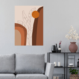 Plakat samoprzylepny Abstrakcyjny tropikalny krajobraz i rysowane jedną linią liście bananowca. Kompozycja geometryczna w odcieniach brązu i beżu