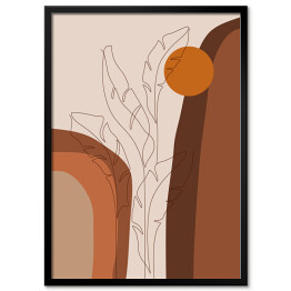 Abstrakcyjny tropikalny krajobraz i rysowane jedną linią liście bananowca. Kompozycja geometryczna w odcieniach brązu i beżu