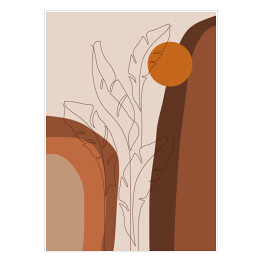 Abstrakcyjny tropikalny krajobraz i rysowane jedną linią liście bananowca. Kompozycja geometryczna w odcieniach brązu i beżu