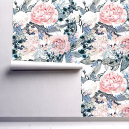 Tapeta samoprzylepna w rolce Białe i różowe malowane peonie z niebiesko szarymi liśćmi - akwarela vintage