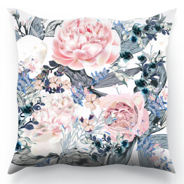 Poduszka Białe i różowe malowane peonie z niebiesko szarymi liśćmi - akwarela vintage
