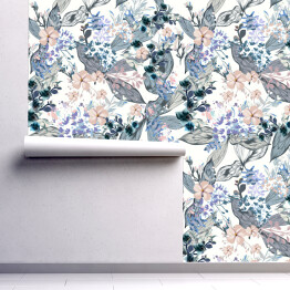 Tapeta samoprzylepna w rolce Kremowe kwiaty wśród niebieskoszarych liści - akwarela