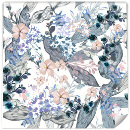 Tapeta samoprzylepna w rolce Kremowe kwiaty wśród niebieskoszarych liści - akwarela