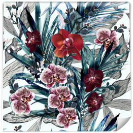 Tapeta w rolce Bordowe kwiaty orchidei wśród liści tropikalnych - vintage
