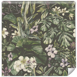 Tapeta samoprzylepna w rolce Tropikalne liście i kwiaty ręcznie rysowane akwarelą. Bezszwowe tropikalny wzór. Stock ilustracja