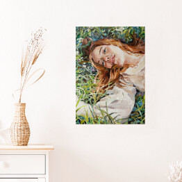 Plakat Rudowłosa dziewczyna leżąca w trawie na łące. Malarstwo