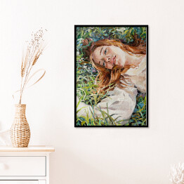 Plakat w ramie Rudowłosa dziewczyna leżąca w trawie na łące. Malarstwo