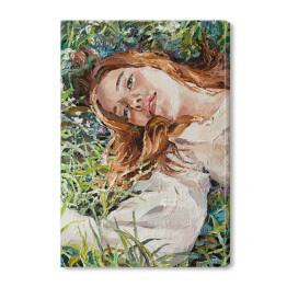 Obraz na płótnie Rudowłosa dziewczyna leżąca w trawie na łące. Malarstwo