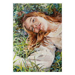 Plakat samoprzylepny Rudowłosa dziewczyna leżąca w trawie na łące. Malarstwo