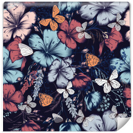 Tapeta samoprzylepna w rolce Motyle w akwarelowych barwnych kwiatach 