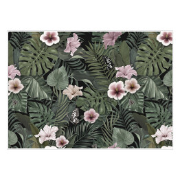 Plakat Vintage tropikalny wzór z kwiatami hibiskusa, motyle, tropikalne liście. Botaniczne tło. Rysunek ręczny. Nadaje się do projektowania tkaniny, papieru, tapety, okładki notebooka