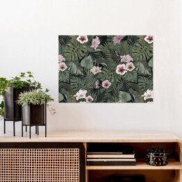 Plakat Vintage tropikalny wzór z kwiatami hibiskusa, motyle, tropikalne liście. Botaniczne tło. Rysunek ręczny. Nadaje się do projektowania tkaniny, papieru, tapety, okładki notebooka