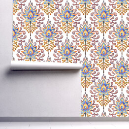 Tapeta w rolce Damaszek spójny wzór w stylu wiktoriańskim. Kwiatowy ornament narysowany kolorowymi ołówkami na papierze. Druk dla tekstyliów domowych, poduszek, dywanów. Handmade.