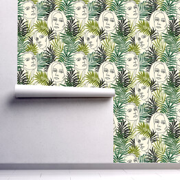 Tapeta samoprzylepna w rolce Abstrakcyjne kobiety twarze i tropikalne liście.Seamless wzór. Modne tło. Rysunek ręczny do projektowania tkaniny, papieru, tapety, okładki notebooka