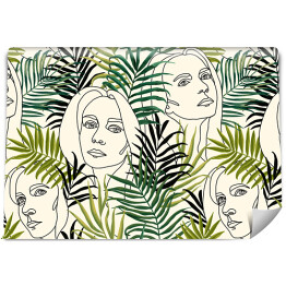 Tapeta w rolce Abstrakcyjne kobiety twarze i tropikalne liście.Seamless wzór. Modne tło. Rysunek ręczny do projektowania tkaniny, papieru, tapety, okładki notebooka