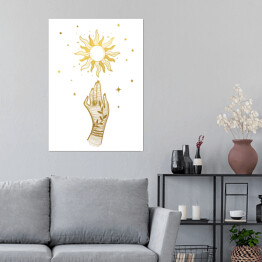 Plakat Rysowana dłoń sięgająca słońca i gwiazd