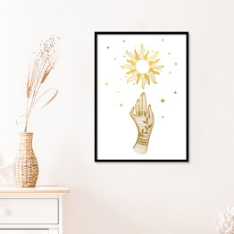 Plakat w ramie Rysowana dłoń sięgająca słońca i gwiazd
