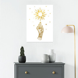 Plakat samoprzylepny Rysowana dłoń sięgająca słońca i gwiazd