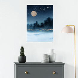 Plakat samoprzylepny Krajobraz akwarelowy las we mgle nocą w niebieskich barwach