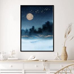 Plakat w ramie Krajobraz akwarelowy las we mgle nocą w niebieskich barwach
