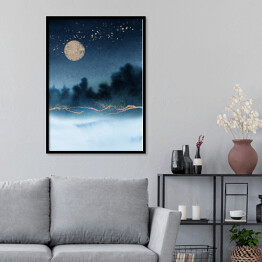 Plakat w ramie Krajobraz akwarelowy las we mgle nocą w niebieskich barwach