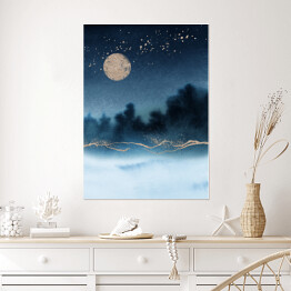Plakat Krajobraz akwarelowy las we mgle nocą w niebieskich barwach