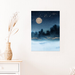 Plakat Krajobraz akwarelowy las we mgle nocą w niebieskich barwach