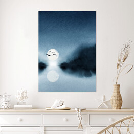 Plakat samoprzylepny Ptaki w locie na tle księżyca nad jeziorem w niebieskich barwach. Krajobraz akwarelowy