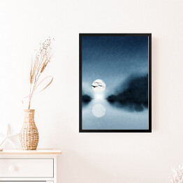 Obraz w ramie Ptaki w locie na tle księżyca nad jeziorem w niebieskich barwach. Krajobraz akwarelowy
