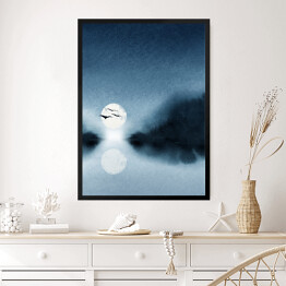 Obraz w ramie Ptaki w locie na tle księżyca nad jeziorem w niebieskich barwach. Krajobraz akwarelowy