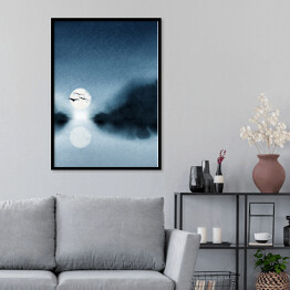 Plakat w ramie Ptaki w locie na tle księżyca nad jeziorem w niebieskich barwach. Krajobraz akwarelowy