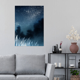 Plakat samoprzylepny Abstrakcyjny krajobraz akwarelowy. Niebo pełne gwiazd nad lasem we mgle i wysokimi trawami