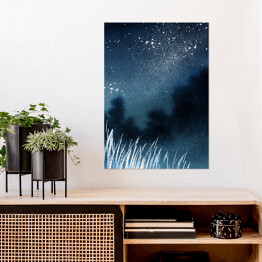 Plakat Abstrakcyjny krajobraz akwarelowy. Niebo pełne gwiazd nad lasem we mgle i wysokimi trawami