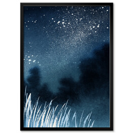 Plakat w ramie Abstrakcyjny krajobraz akwarelowy. Niebo pełne gwiazd nad lasem we mgle i wysokimi trawami