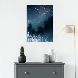 Plakat Abstrakcyjny krajobraz akwarelowy. Niebo pełne gwiazd nad lasem we mgle i wysokimi trawami