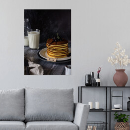 Plakat samoprzylepny Zimowe stylowe śniadanie - pancakes z owocami i szklanką mleka