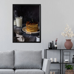 Obraz w ramie Zimowe stylowe śniadanie - pancakes z owocami i szklanką mleka