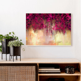 Obraz na płótnie Abstrakcyjne wiszące różowe kwiaty na tle pastelowej imitacji tekstury betonu