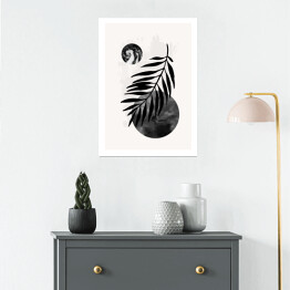 Plakat samoprzylepny Liść palmy na tle kompozycji geometrycznej abstrakcji w odcieniach szarości i czerni