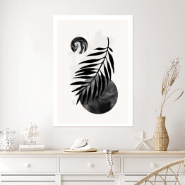 Plakat samoprzylepny Liść palmy na tle kompozycji geometrycznej abstrakcji w odcieniach szarości i czerni