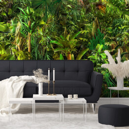Fototapeta samoprzylepna Bezszwowa tropikalna natura botaniczna krajobraz, palma, kwiaty, rośliny egzotyczne, liście palmowe, kwiatowy spójny wzór druk graniczny, zielona tekstura 3d tło. Jungle rajska scena graficzna tapeta