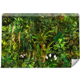 Fototapeta Bezszwowa tropikalna natura botaniczna krajobraz, palma, kwiaty, rośliny egzotyczne, liście palmowe, kwiatowy spójny wzór druk graniczny, zielona tekstura 3d tło. Jungle rajska scena graficzna tapeta