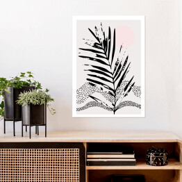 Plakat samoprzylepny Minimalistyczna abstrakcja w odcieniach szarości i różu. Tropikalny liść palmy na tle geometrycznej kompozycji w kropki