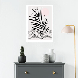 Plakat samoprzylepny Minimalistyczna abstrakcja w odcieniach szarości i różu. Tropikalny liść palmy na tle geometrycznej kompozycji w kropki